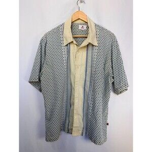 MCD Shirt Mens M Blue Cream Geometric Print Short Sleeve Button Front Y2K